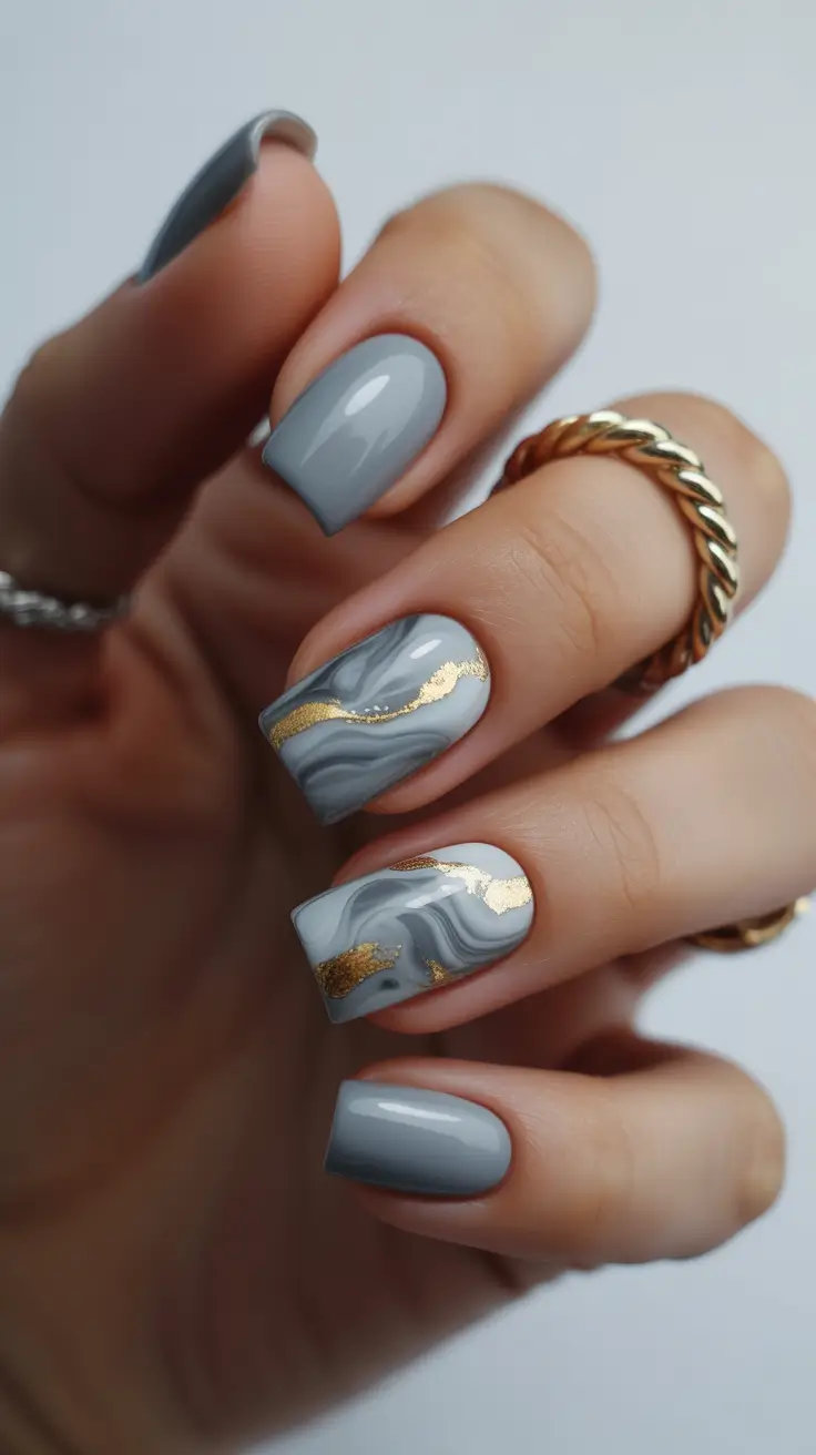 beach spring vacation nails 2026 Smoky Gray Square Short Marble Nails with Chic Coastal Edge