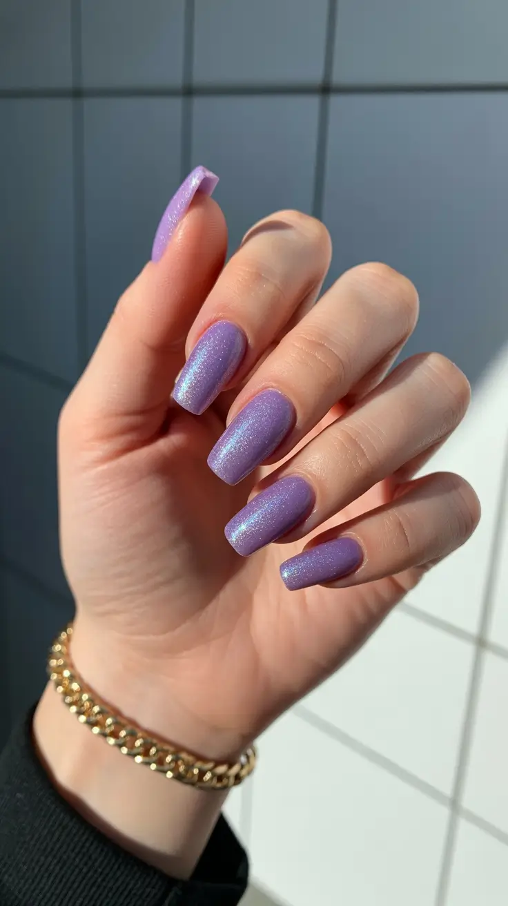 beach spring vacation nails 2026 Lavender Shimmer Square Long Nails for Bright Resort Evenings