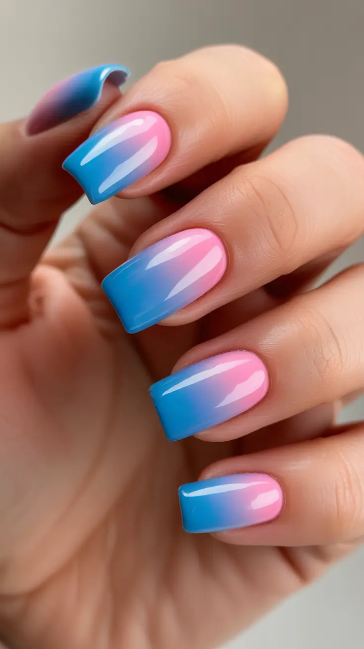 beach spring vacation nails 2026 Pink and Blue Ombre Square Nails for Fun Candy-Coast Vibes