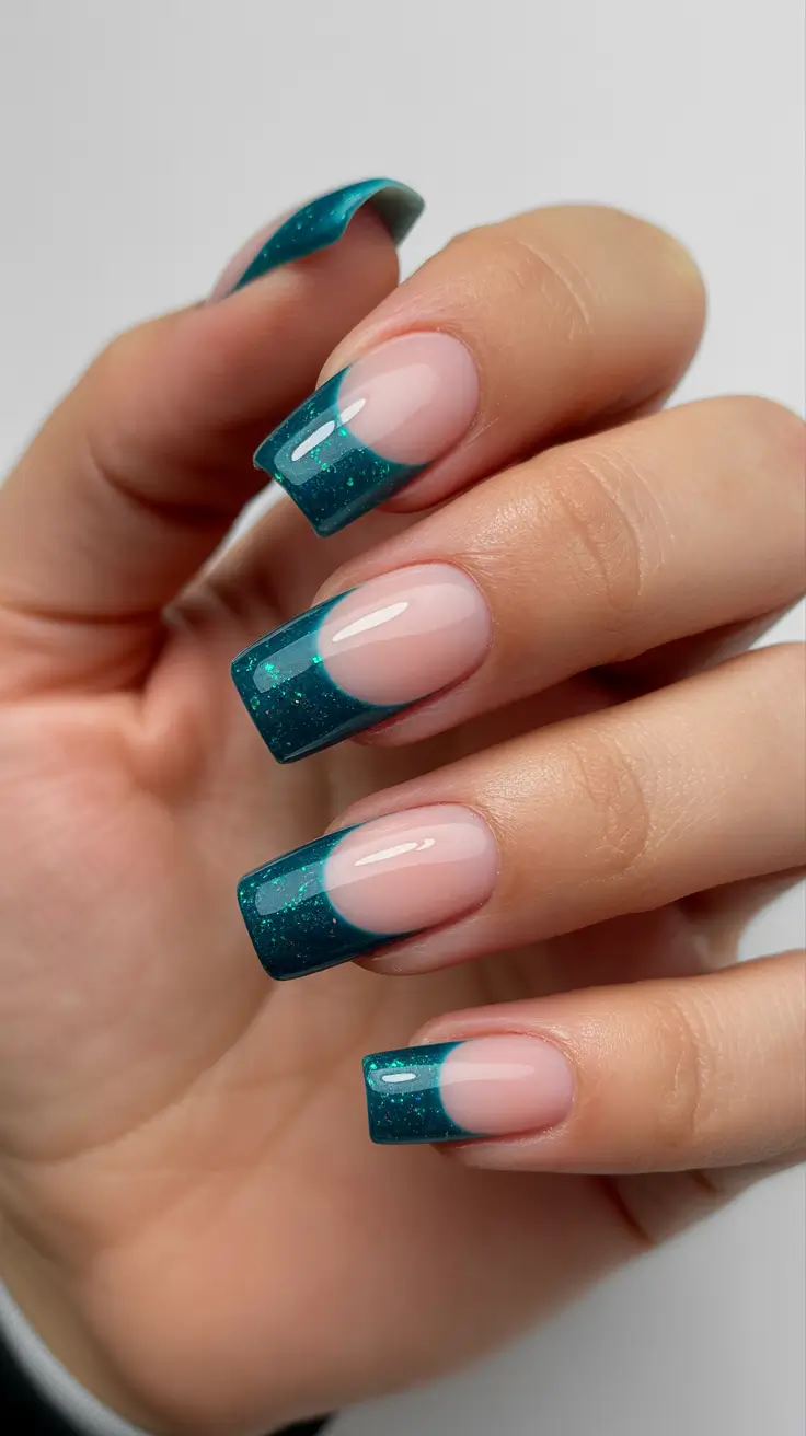 beach spring vacation nails 2026 Teal Glitter French Tip Square Nails for Ocean-Inspired Glam