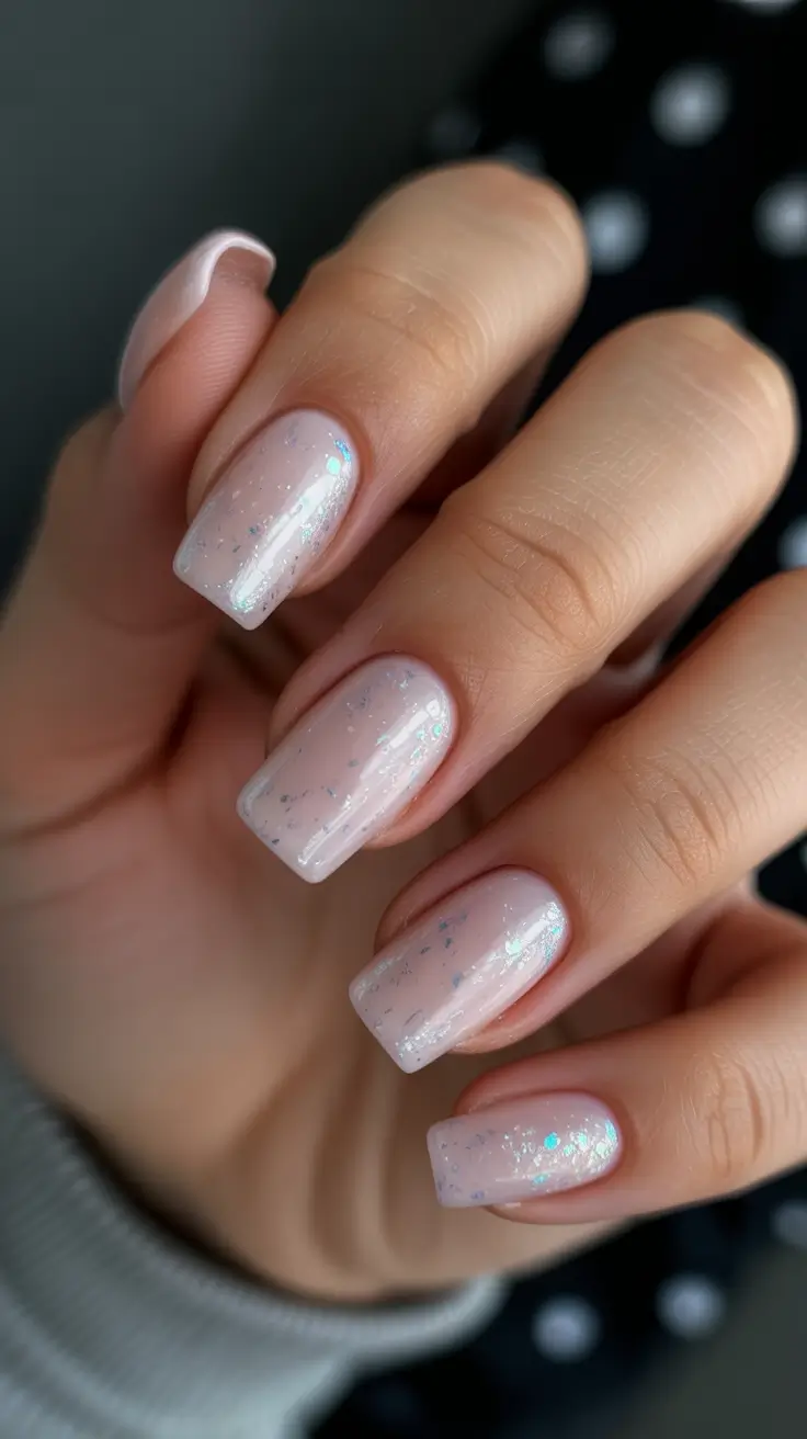beach spring vacation nails 2026 Soft White Iridescent Square Short Nails for Minimal Beach Glow
