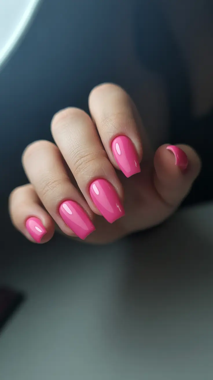 beach spring vacation nails 2026 Bright Pink Square Short Nails for Playful Poolside Energy