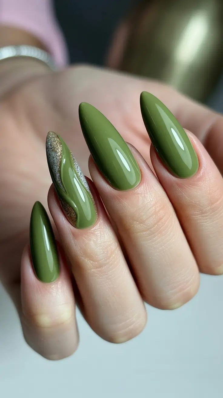 beach spring vacation nails 2026 Olive Green Almond Nails with Metallic Accent for Nature-Luxe Vibes