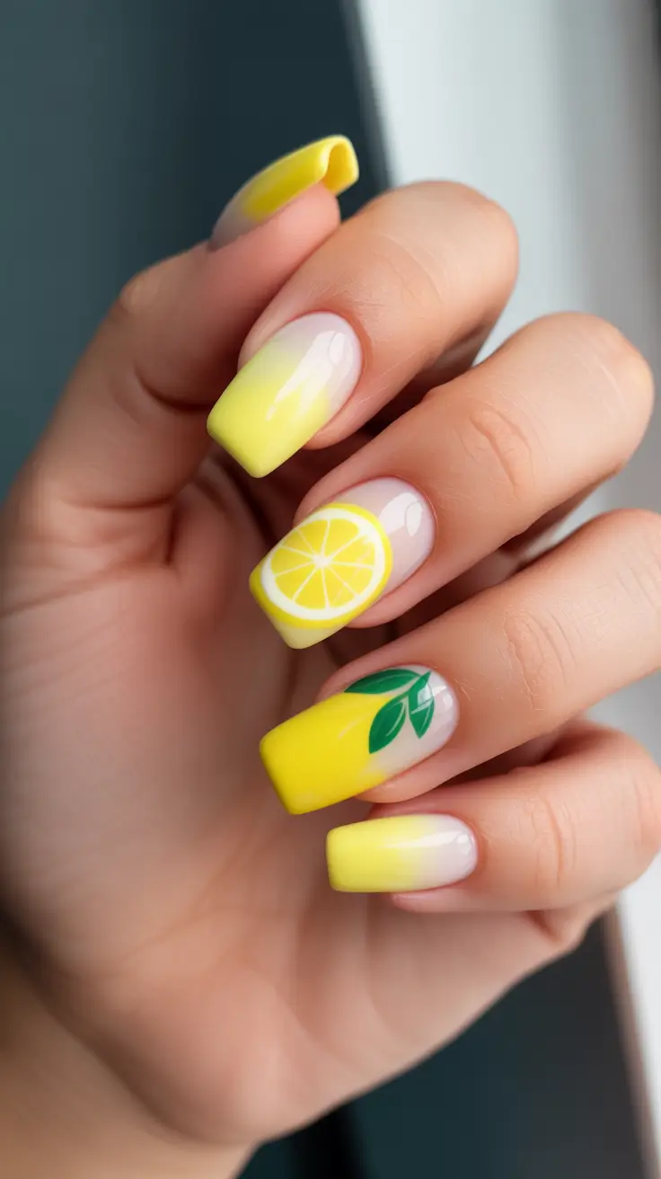 beach spring vacation nails 2026 Lemonade Cute Square Short Nails with Playful Citrus Art
