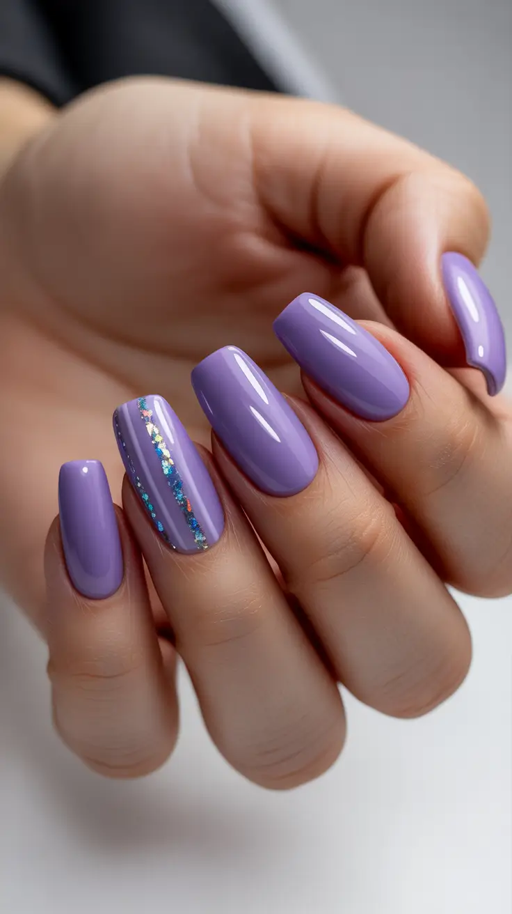 beach spring vacation nails 2026 Lavender Square Nails with Iridescent Accent for Soft Glam Days