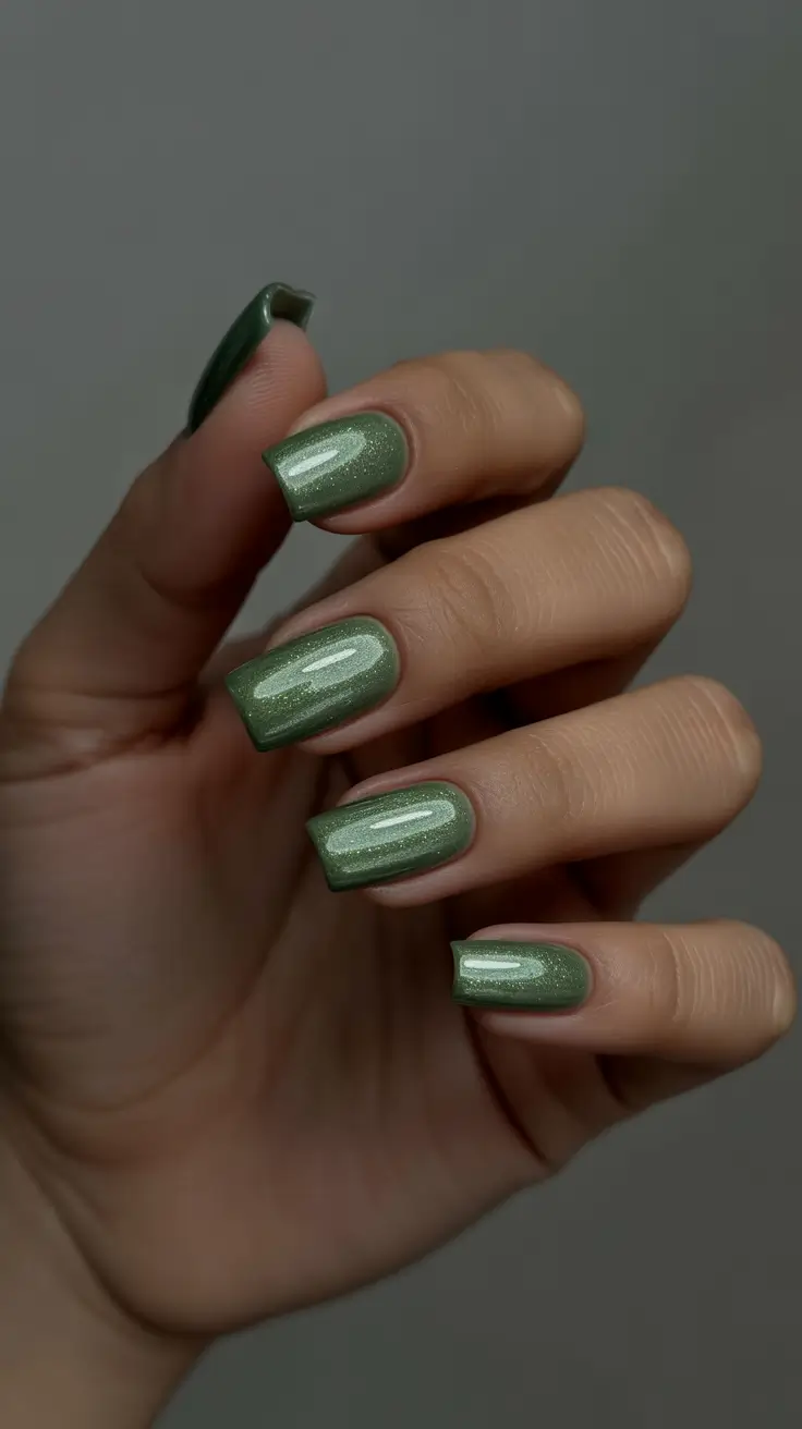 beach spring vacation nails 2026 Shimmering Sage Green Square Short Nails for Natural Beach Vibes
