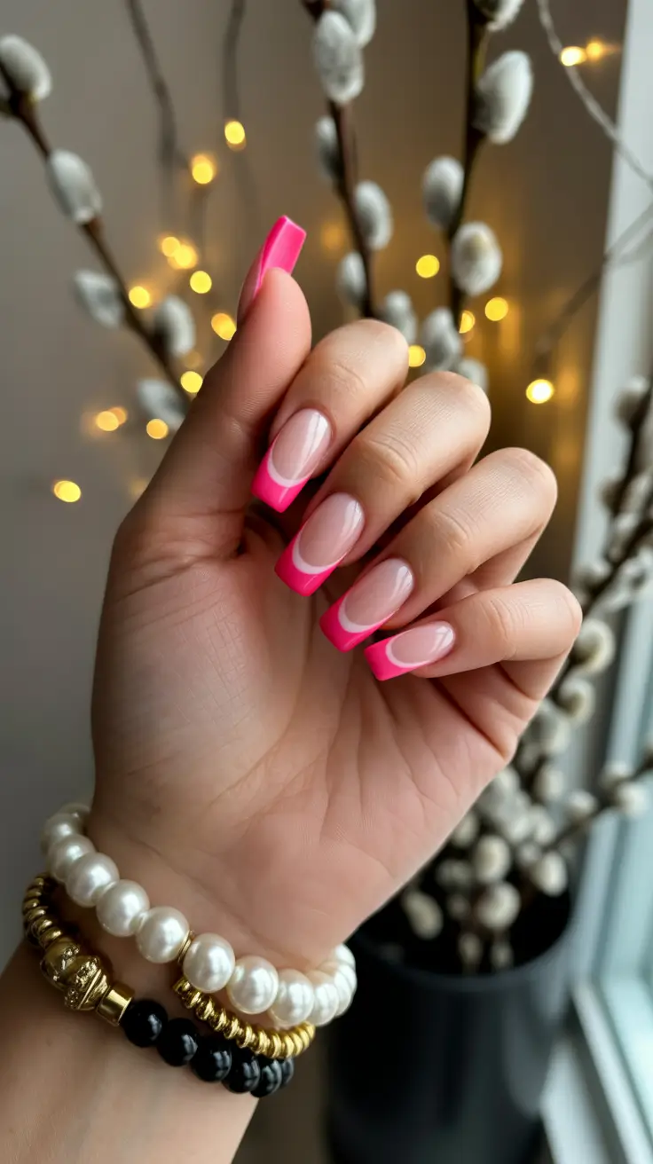 best pink spring nails 2026 Modern Pink French Tip Nails with a Clean Square Shape