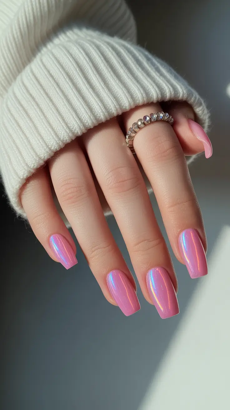 best pink spring nails 2026 Soft Pink Chrome Nails with a Subtle Iridescent Glow