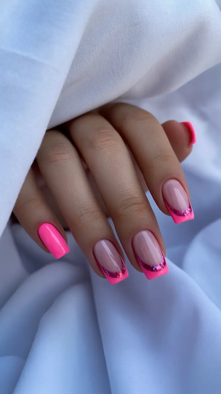 best pink spring nails 2026 Modern Pink French Tips with Sparkling Accents