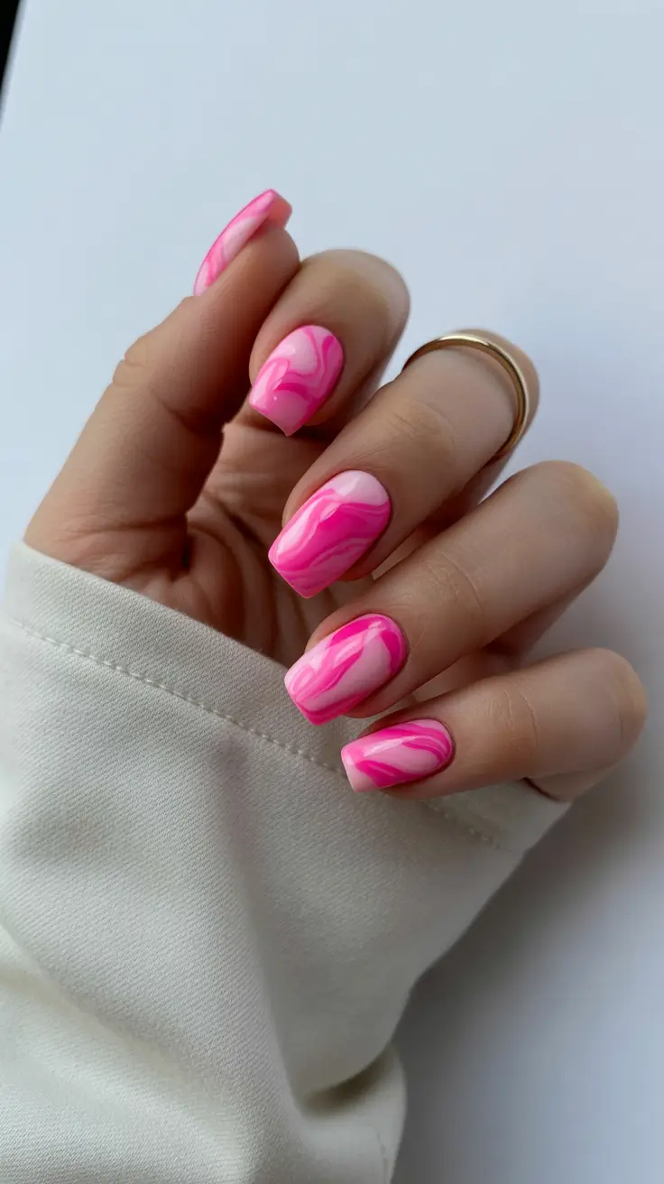 best pink spring nails 2026 Abstract Pink Marble Nails with Soft Swirling Patterns