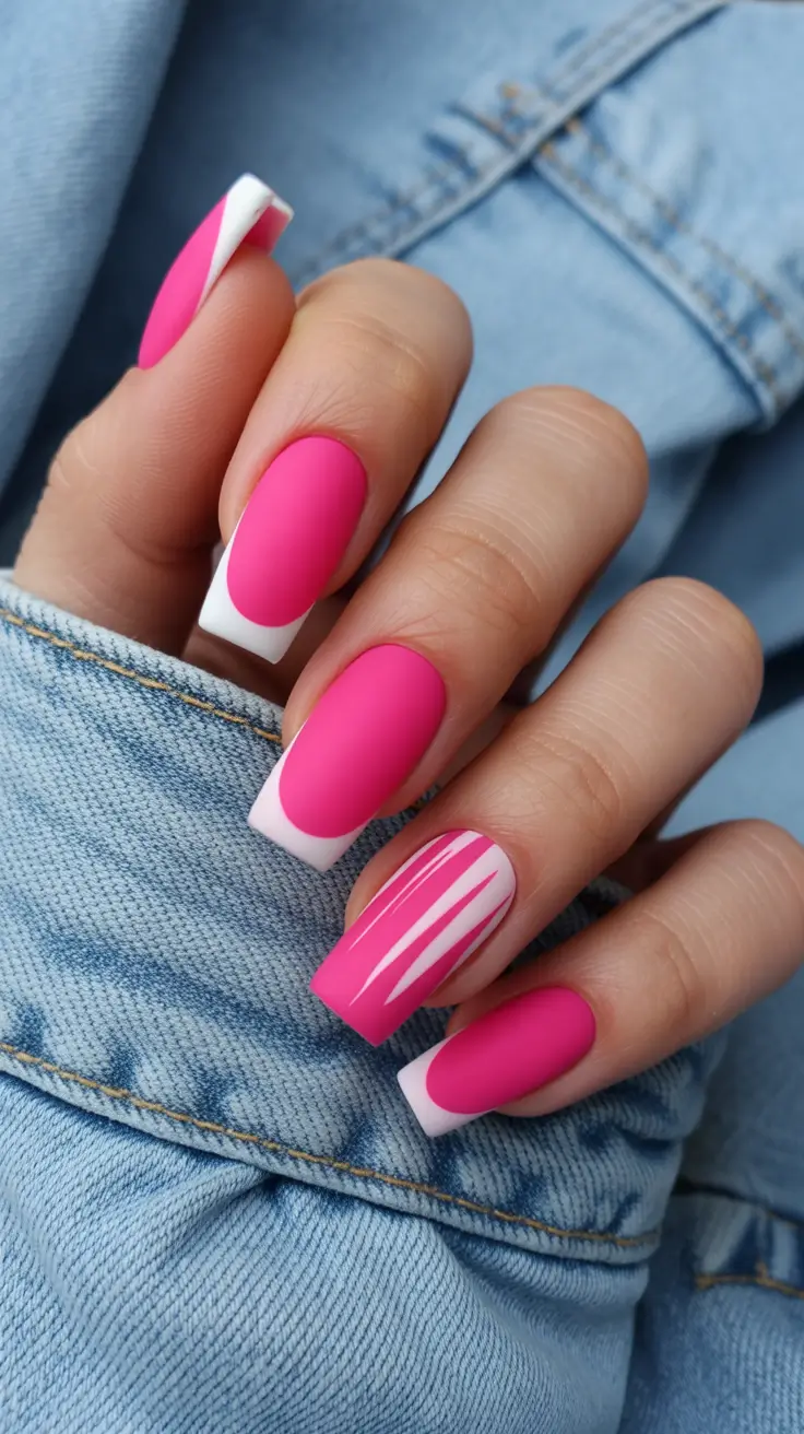 best pink spring nails 2026 Bold Pink and White Graphic French Nails
