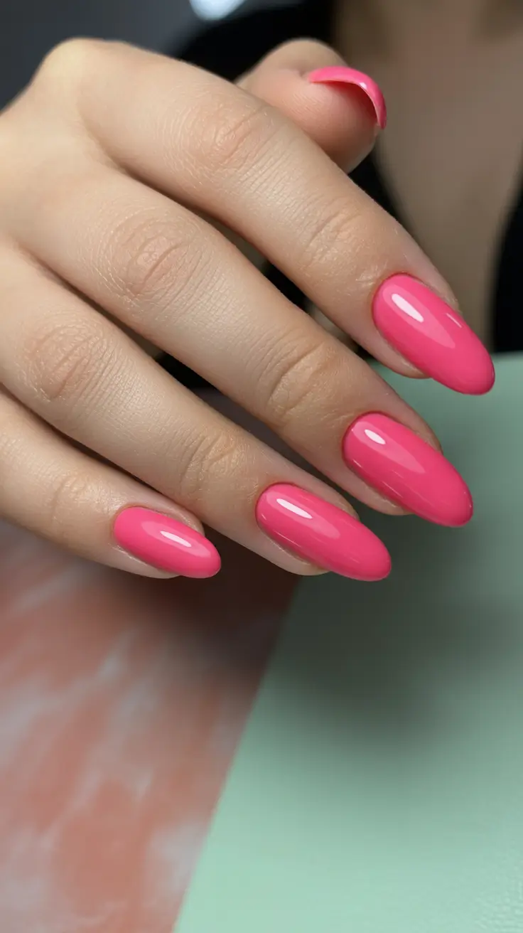 best pink spring nails 2026 Glossy Pink Almond Nails for a Fresh Minimal Spring Look