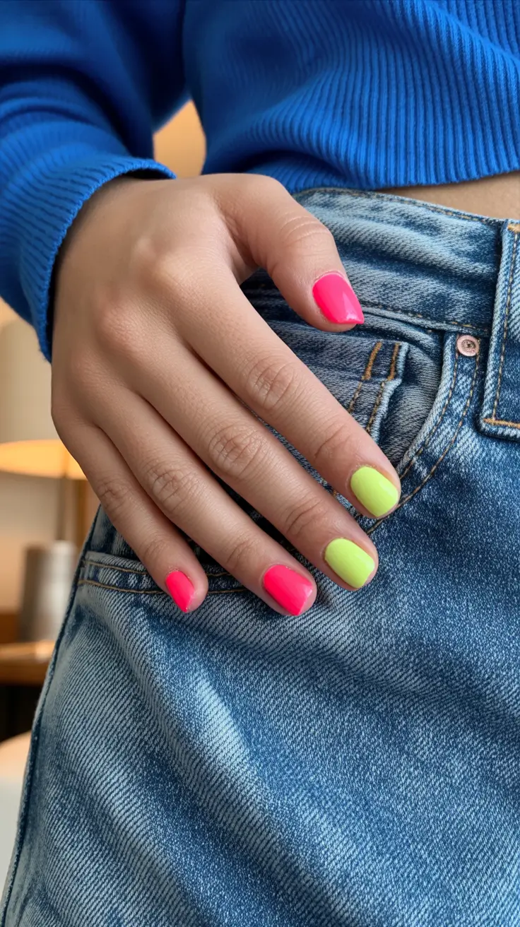 best pink spring nails 2026 Playful Pink and Lime Color Block Spring Nails