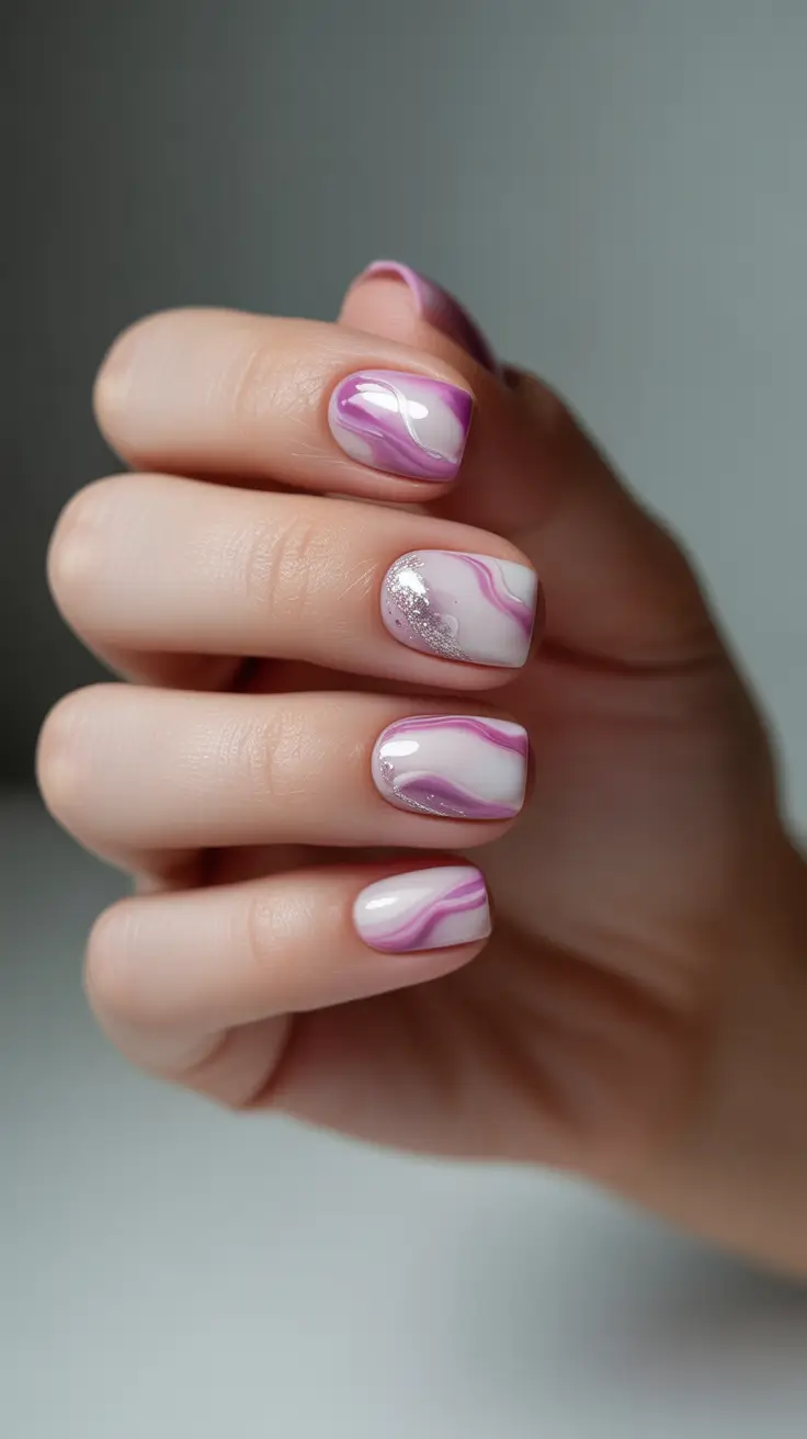 best pink spring nails 2026 Soft Pink Marble Nails with Delicate Swirls