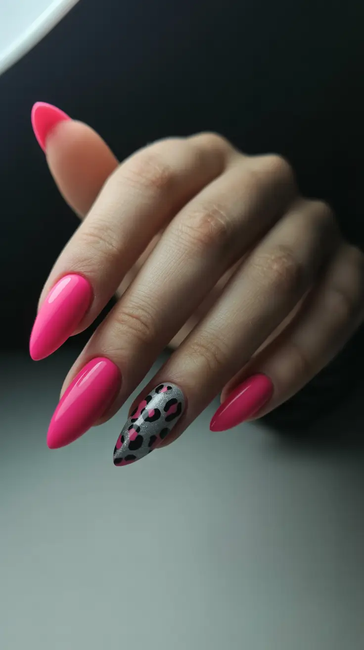 best pink spring nails 2026 Hot Pink Nails with a Bold Leopard Accent