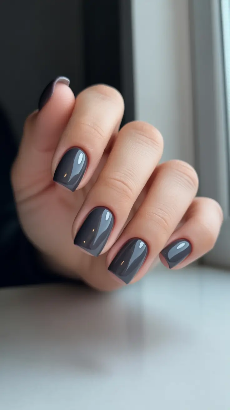 classic spring nails square shapes 2026 Glossy Charcoal Square Nails for Modern Minimalism