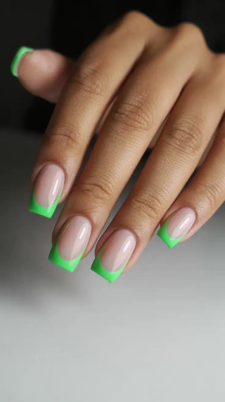 classic spring nails square shapes 2026 Neon Green French Tips for a Fresh Modern Twist