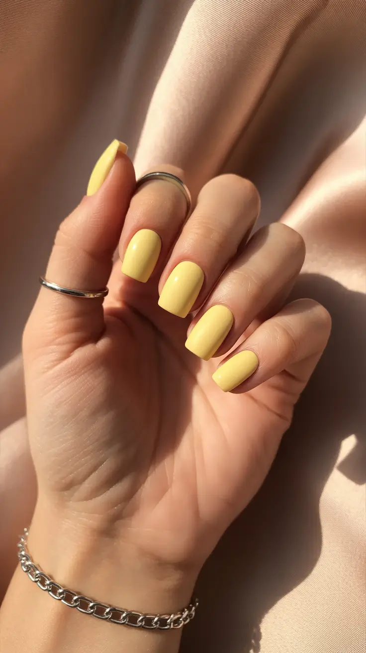classic spring nails square shapes 2026 Soft Butter Yellow Square Nails That Capture Spring Light