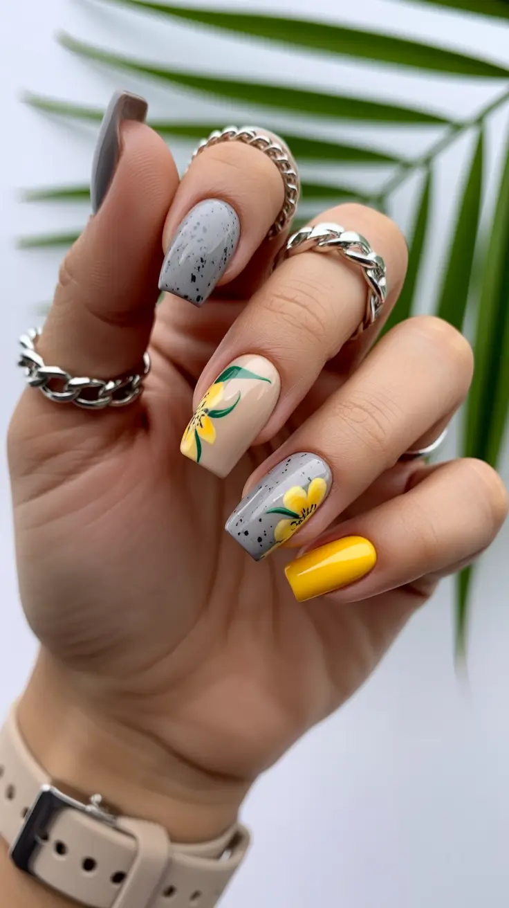 classic spring nails square shapes 2026 Soft Floral Square Nails with Yellow Spring Accents