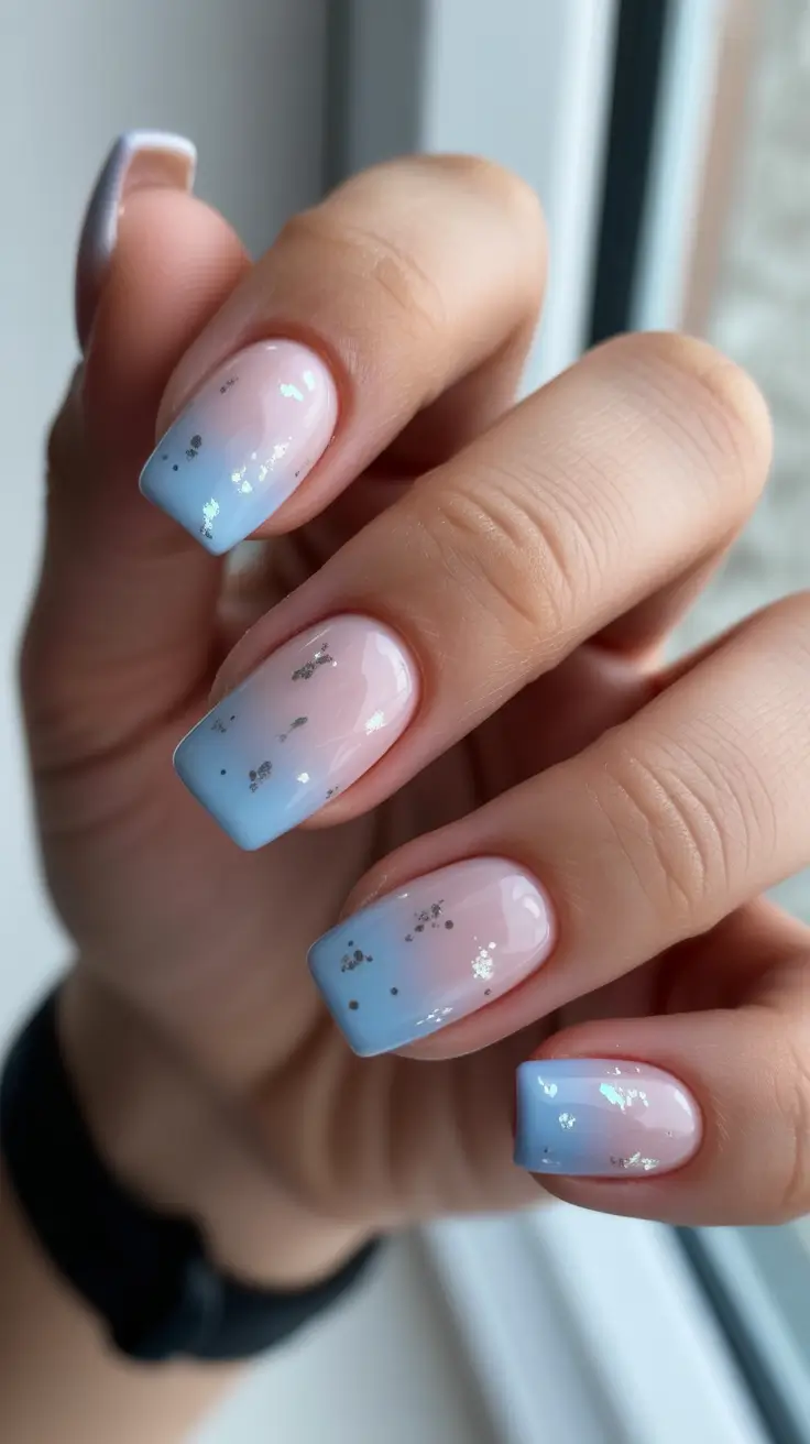 classic spring nails square shapes 2026 Delicate Blue Ombre Square Nails with Soft Sparkle