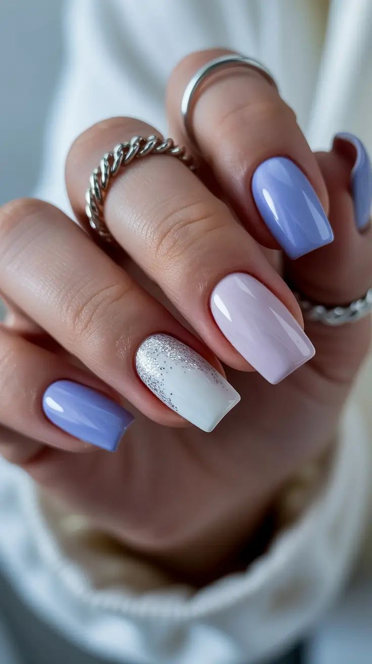 classic spring nails square shapes 2026 Lavender and Silver Square Nails with a Subtle Glitter Accent