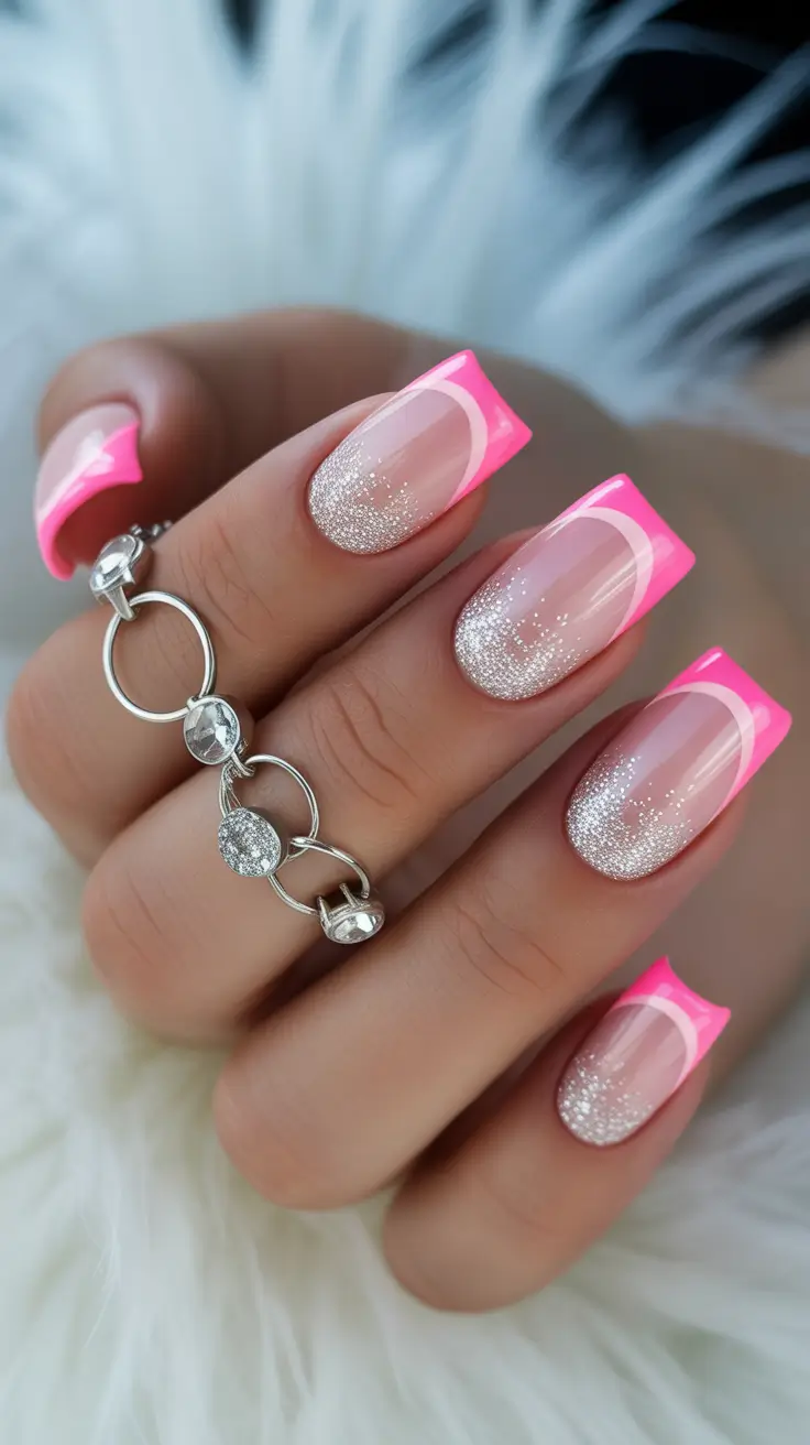 classic spring nails square shapes 2026 Pink Glitter French That Feels Sweet and Sparkly