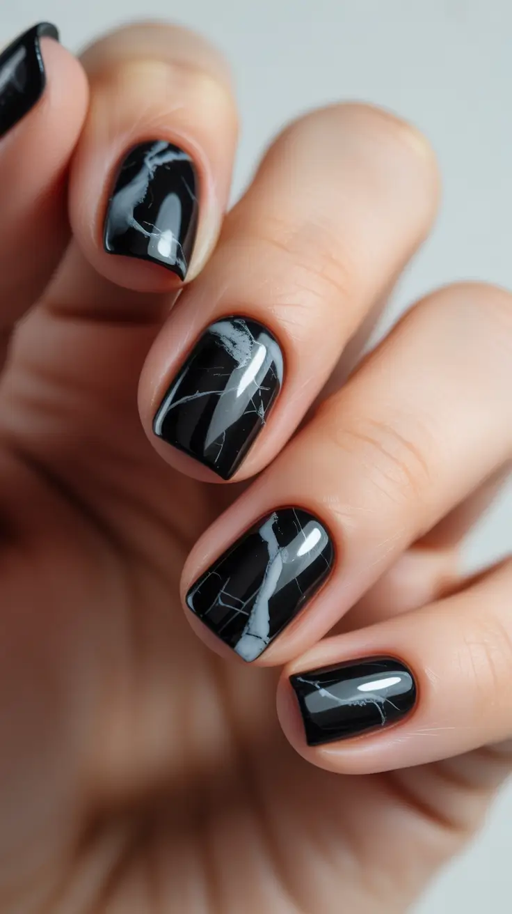 classic spring nails square shapes 2026 Black Marble Square Nails with Modern Edge