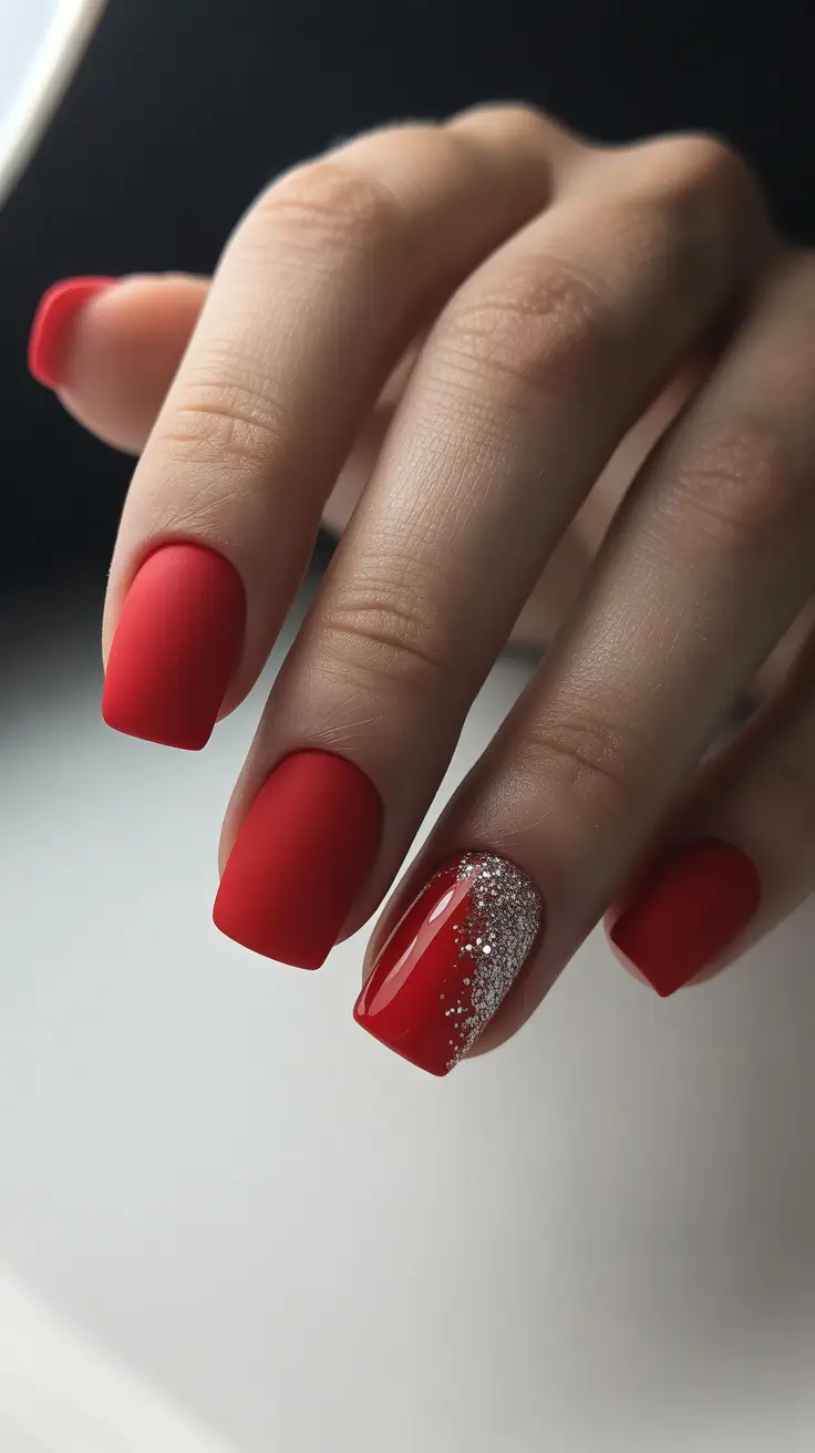 classic spring nails square shapes 2026 Bold Matte Red Square Nails with a Sparkling Accent