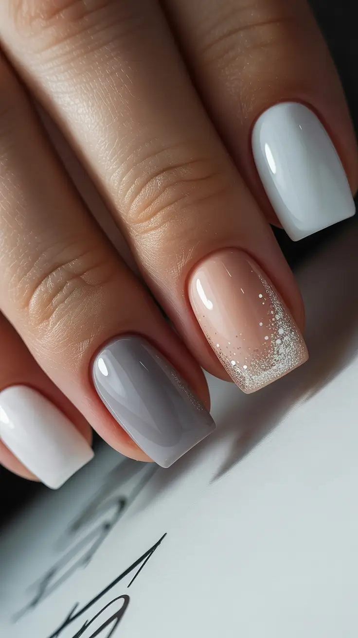 classic spring nails square shapes 2026 Minimal Neutral Square Nails with Soft Glitter Detail