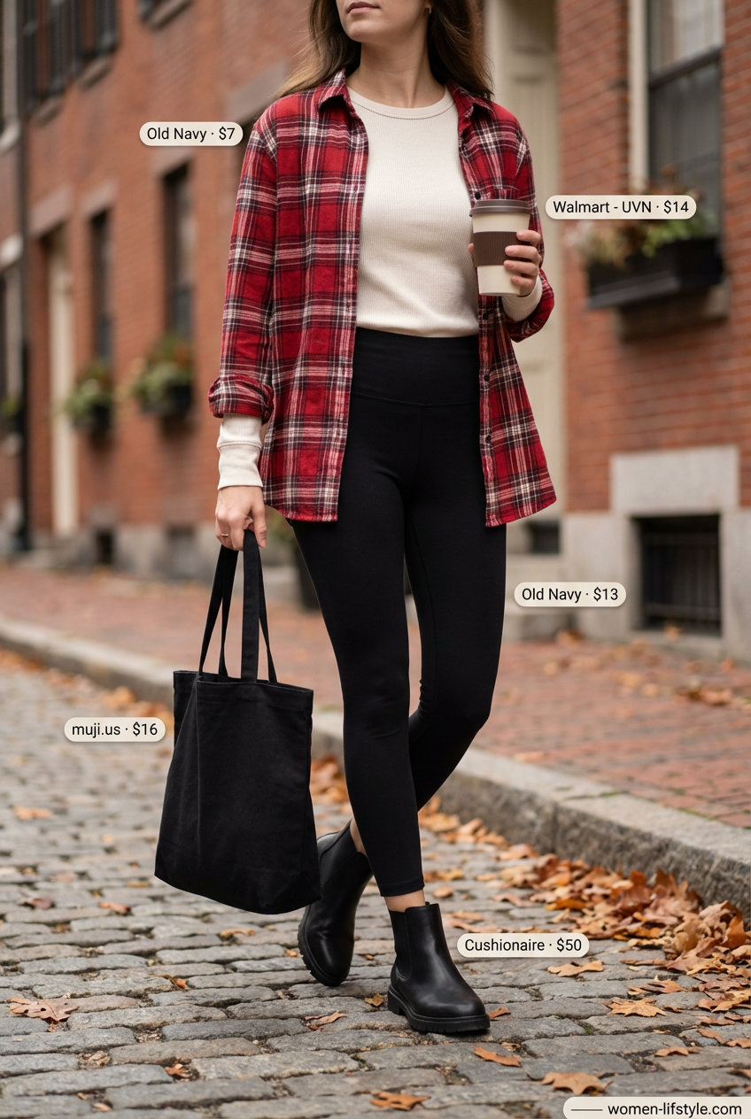 Cozy autumn afternoon with oversized red and black plaid flannel shirt, cream long-sleeve tee, black leggings, and Chelsea boots.