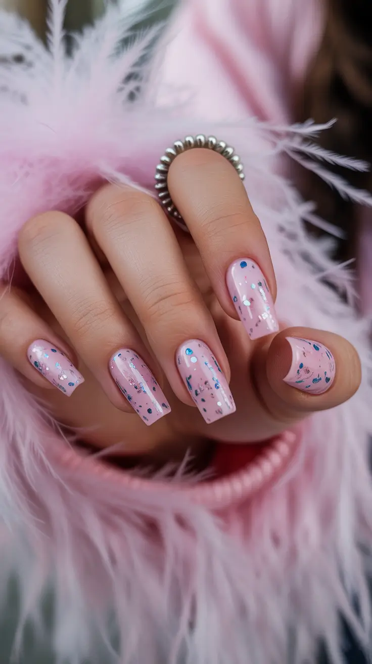 cozy spring gel nails mood 2026 Soft Pink Confetti Glow