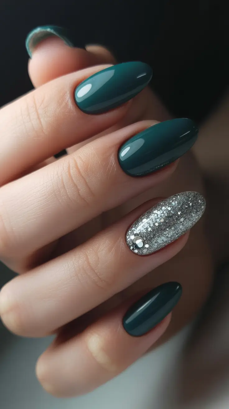 cozy spring gel nails mood 2026 Deep Forest Green with Silver Stardust Accent