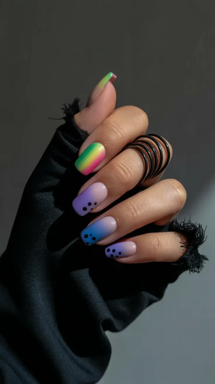cozy spring gel nails mood 2026 Neon Gradient and Polka Dot Play