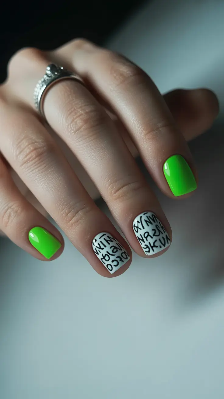 cozy spring gel nails mood 2026 Electric Lime with Graphic Lettering