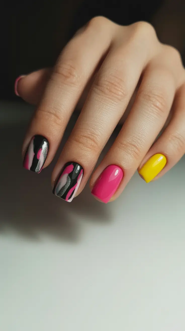cozy spring gel nails mood 2026 Hot Pink Yellow and Graphic Wave Contrast