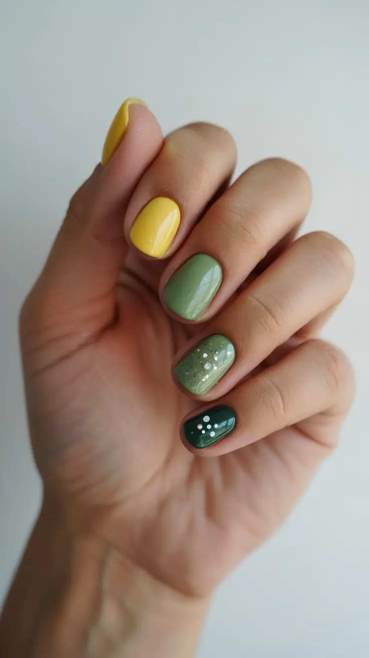 cozy spring gel nails mood 2026 Fresh Yellow and Sage Mix with Subtle Sparkle