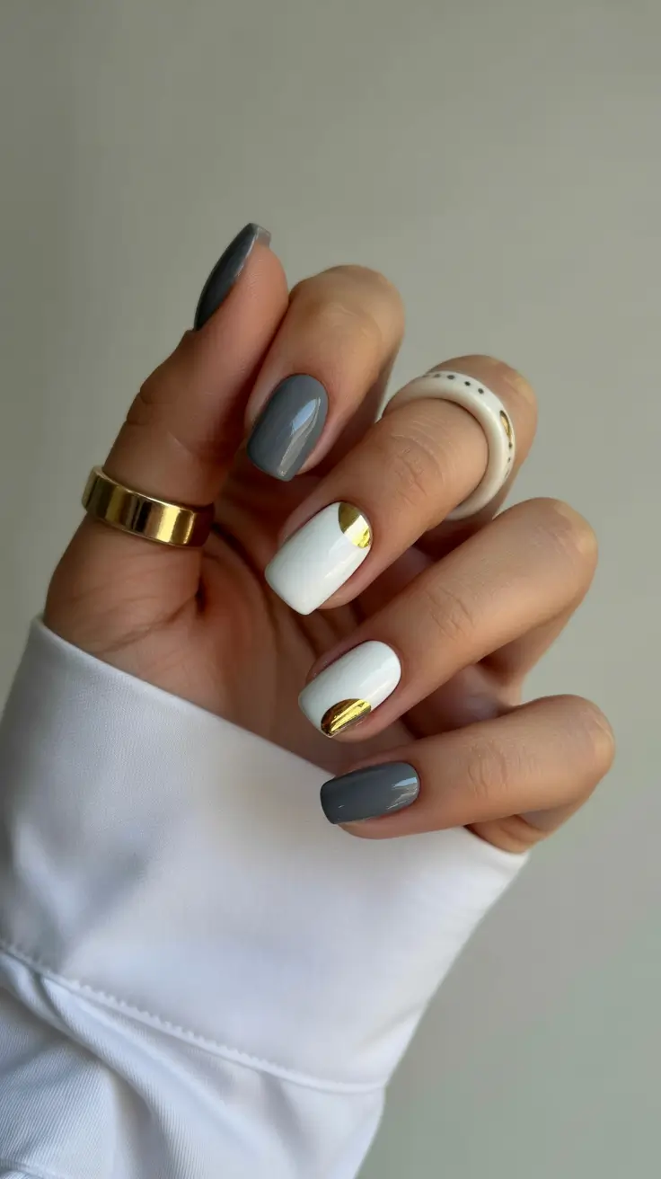 cozy spring gel nails mood 2026 Cool Grey and White with Gold Minimal Accent