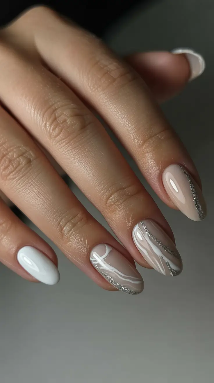 cozy spring gel nails mood 2026 Milky Nude with Soft White Waves and Silver Line