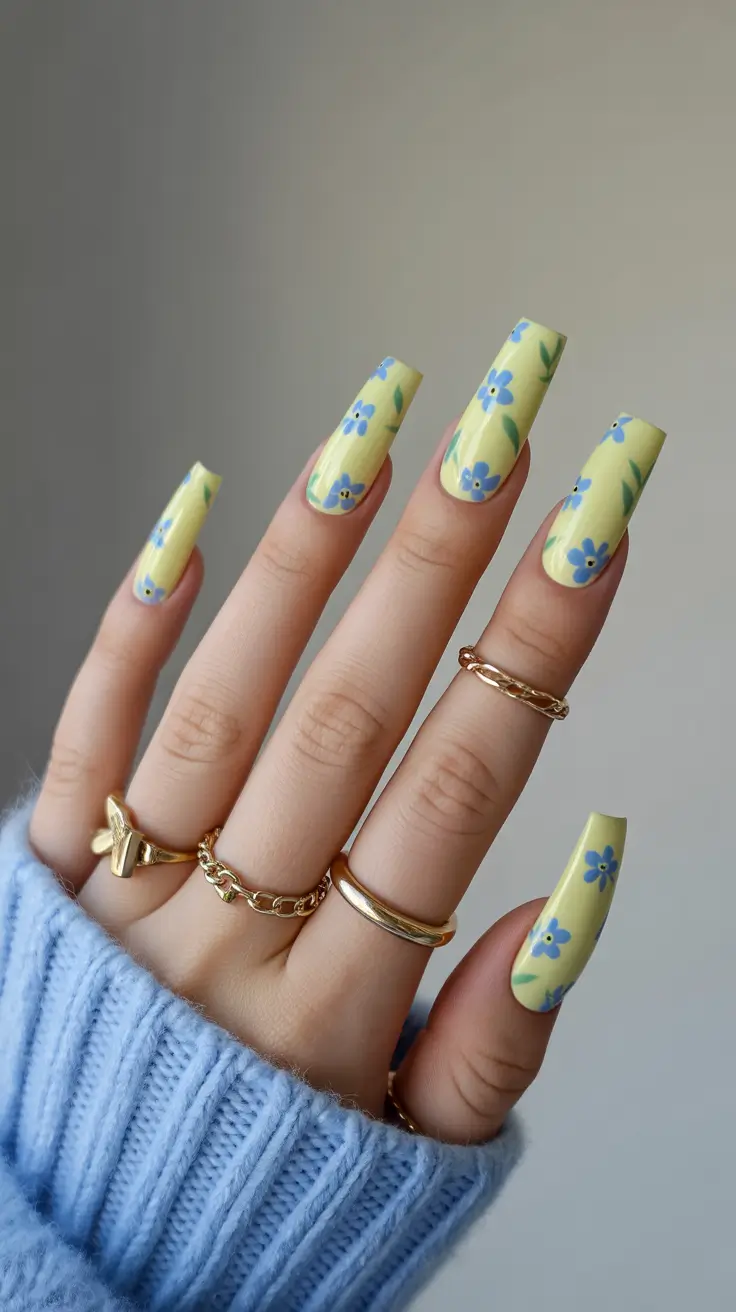 cozy spring gel nails mood 2026 Butter Yellow with Blue Floral Pattern