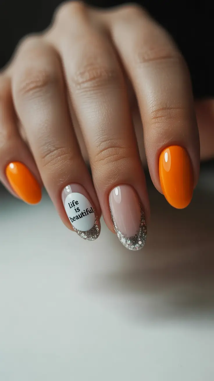 cozy spring gel nails mood 2026 Orange Energy with Glitter French Curve