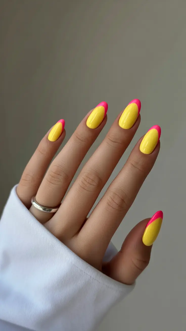 cozy spring gel nails mood 2026 Yellow & Pink Almond Play