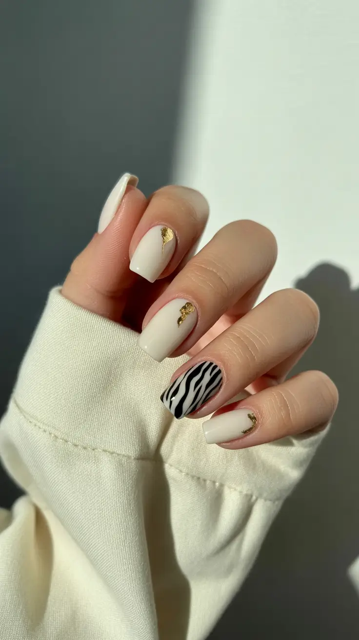 cozy spring gel nails mood 2026 Creamy Vanilla with Zebra Accent