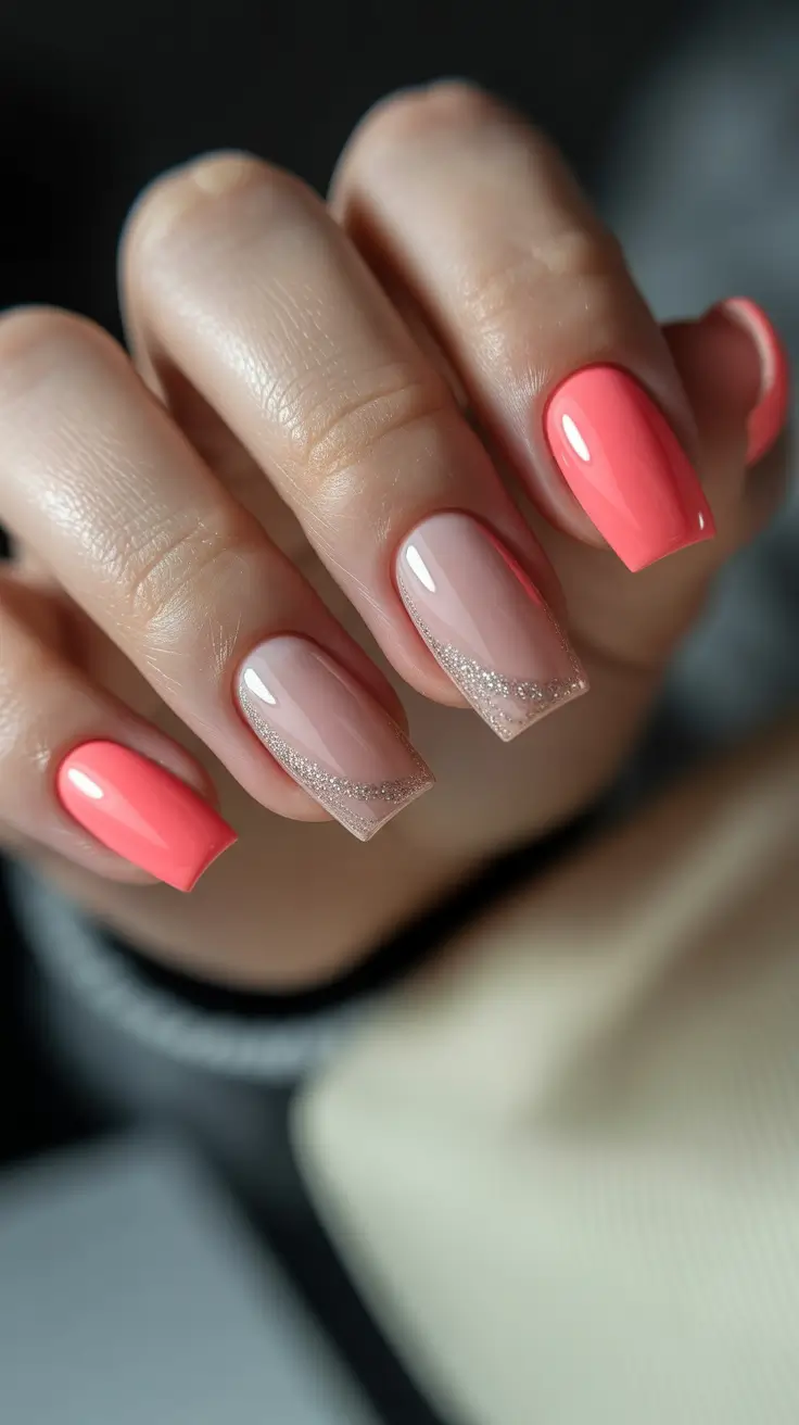 cozy spring gel nails mood 2026 Coral Pop with Glitter French Fade