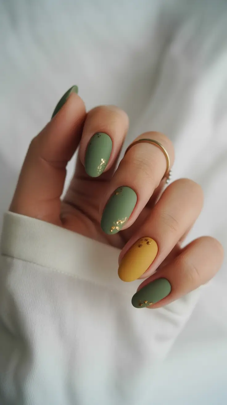 cozy spring gel nails mood 2026 Earthy Sage and Mustard Calm