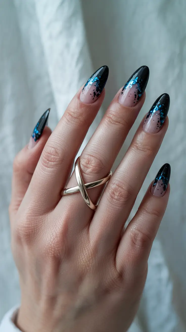 cute spring long nails 2026 Black Fade With Electric Blue Spark