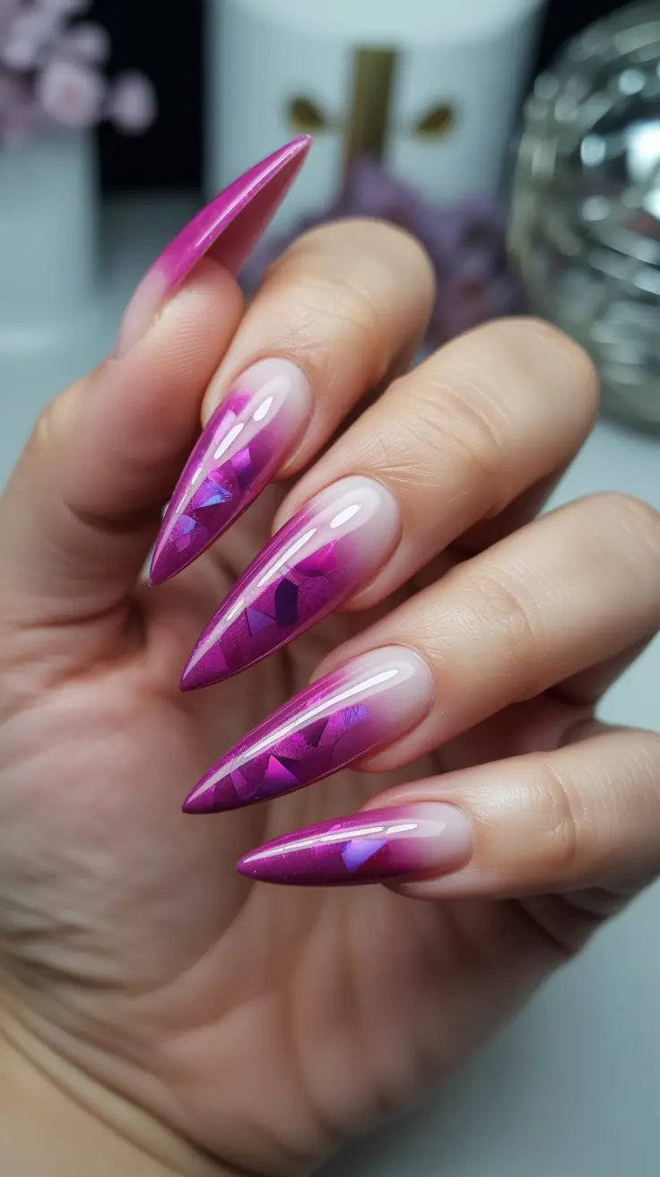 cute spring long nails 2026 Fuchsia Glass Shard Stiletto