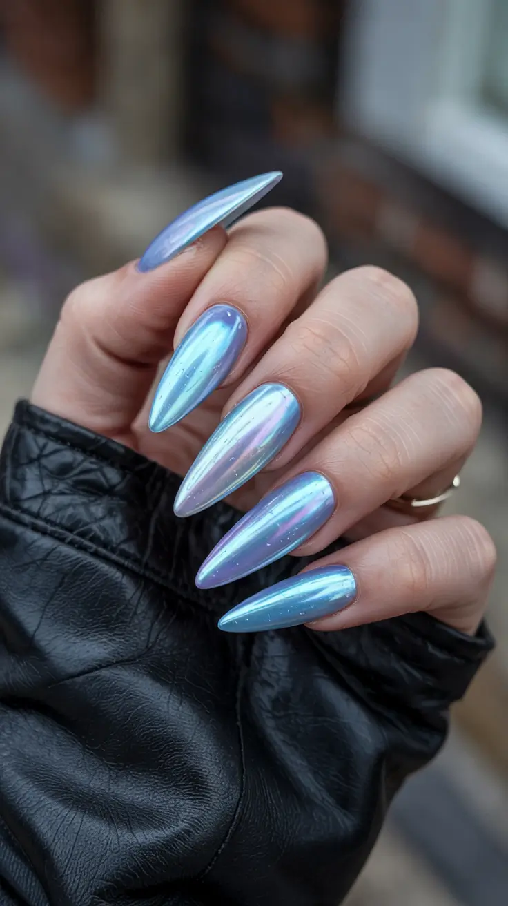 cute spring long nails 2026 Holographic Ice Blue Stiletto