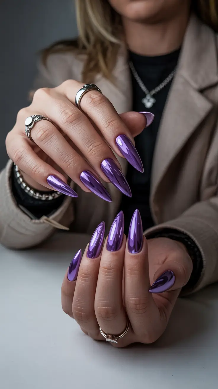 cute spring long nails 2026 Metallic Lavender Stiletto Glam