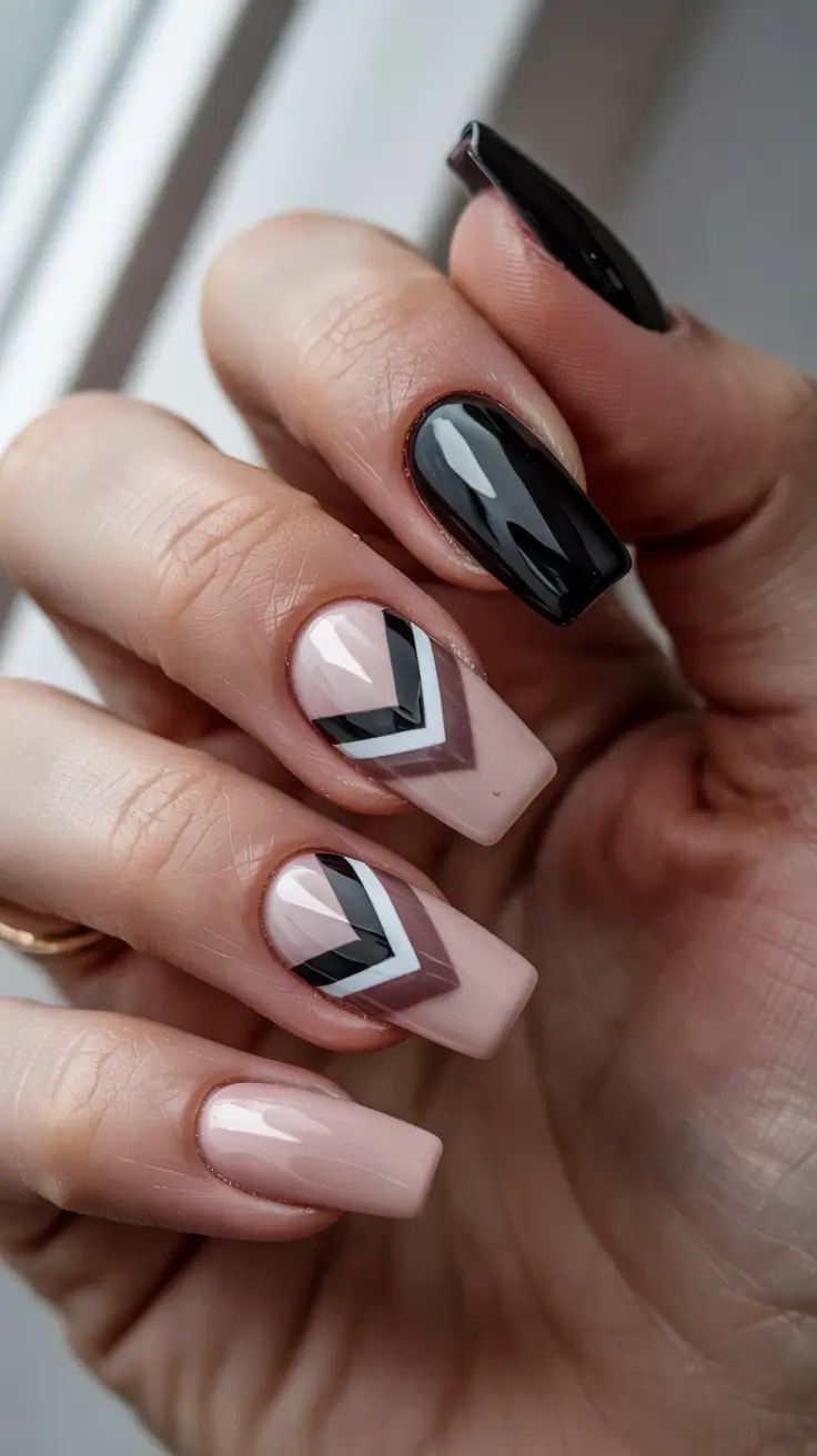 cute spring long nails 2026 Graphic Black and Nude Chevron Square