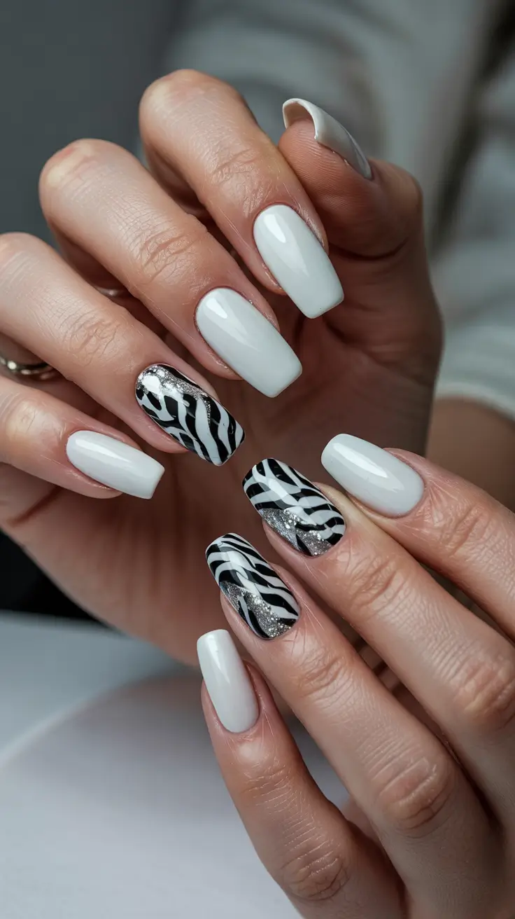cute spring long nails 2026 White Minimal With Zebra Accent